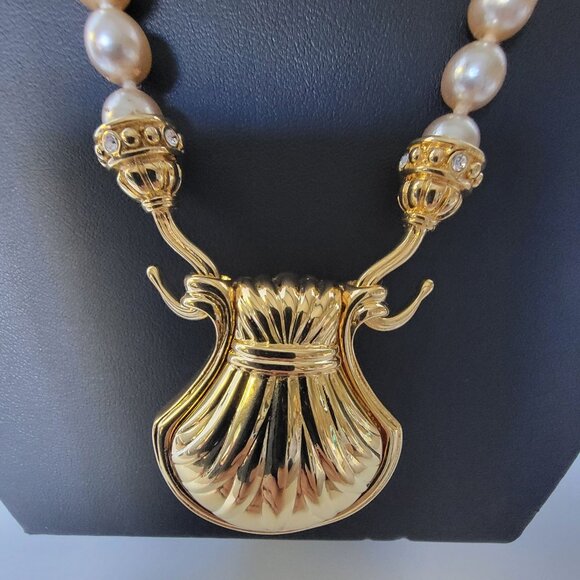 Nolan Miller Gold Faux Pearl Necklace Pave Crystals Lyre Shaped Pendant - Picture 3 of 14